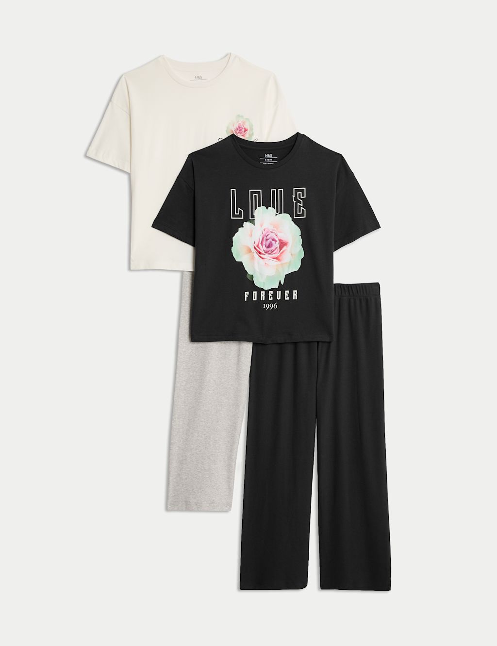 M&S 2 Pack Cotton Rich Flower Graphic Pyjama Sets (1-16 Yrs) - 6-7 Y - Black Mix, Black Mix