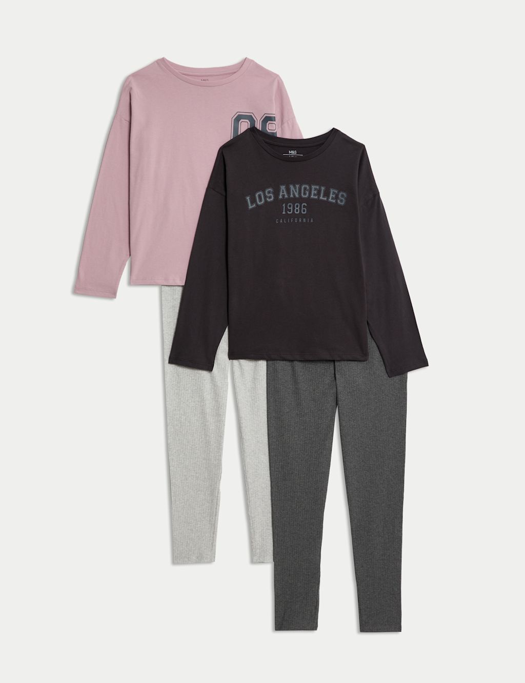 M&S 2 Pack Cotton Rich Slogan Pyjama Sets (6-16 Yrs) - 10-11 - Grey Mix, Grey Mix