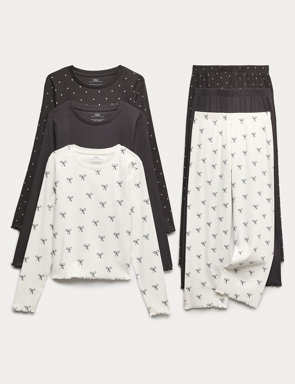 M&S 3pk Cotton Rich Bow Pyjama Sets (1-16 Yrs) - 11-12 - Pink Mix, Pink Mix