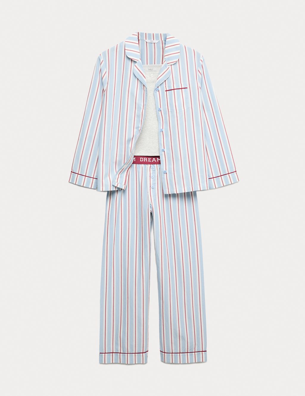 M&S 3pc Pure Cotton Striped Pyjama Set (6-16 Yrs) - 10-11 - Chambray, Chambray