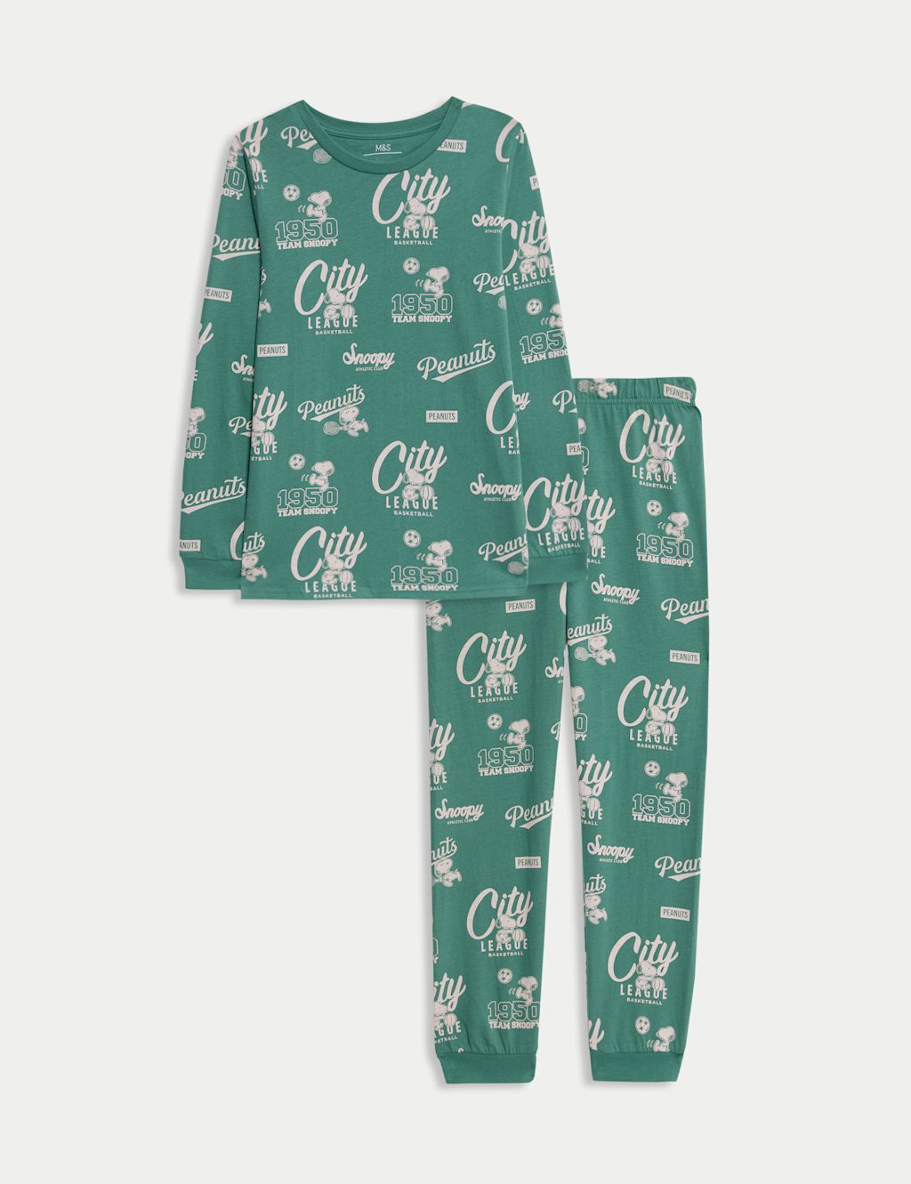 M&S Pure Cotton Snoopy™ Print Pyjamas (6-16 Yrs) - 10-11 - Green, Green