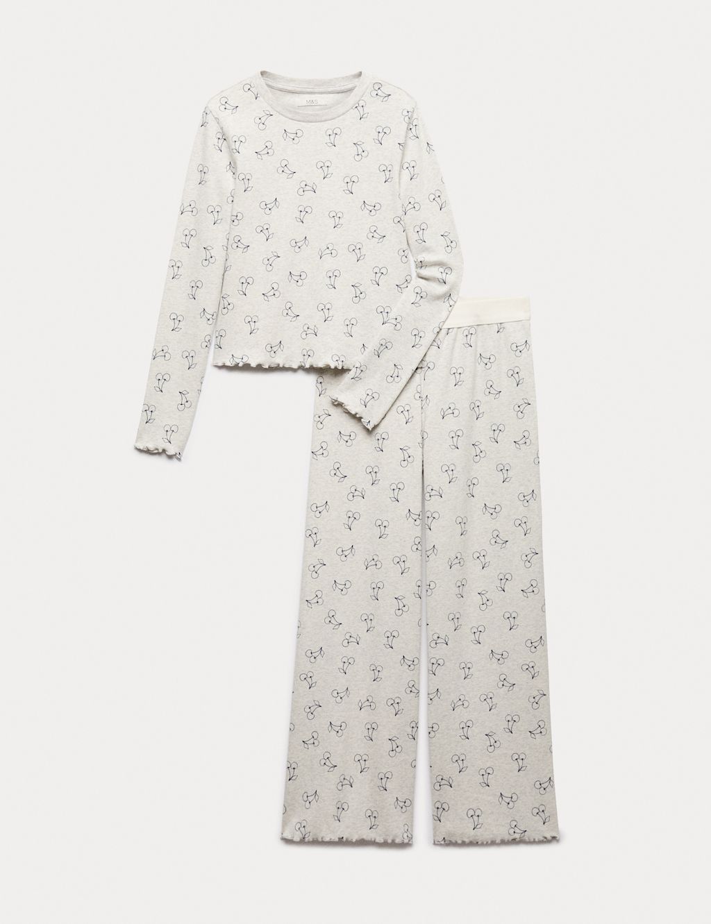 M&S Cotton Rich Cherry Ribbed Pyjamas (6-16 Yrs) - 10-11 Years - Grey Marl, Grey Marl