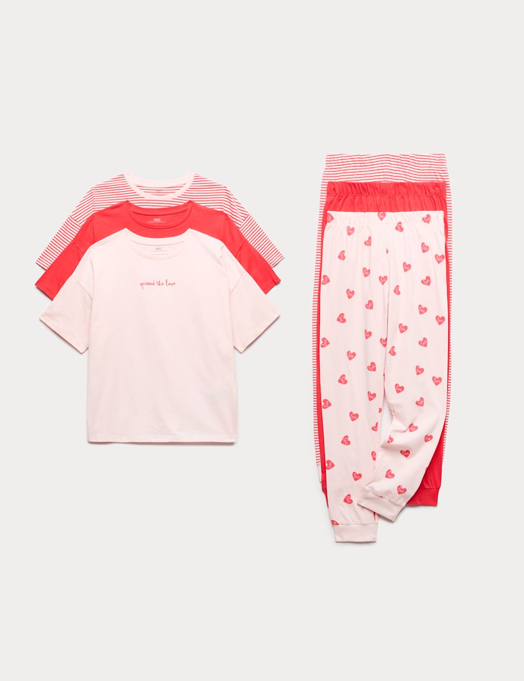 M&S 3 Pack Pure Cotton Hearts & Stripes Pyjama Sets (6-16 Yrs) - 10-11 Years - Red Mix, Red Mix