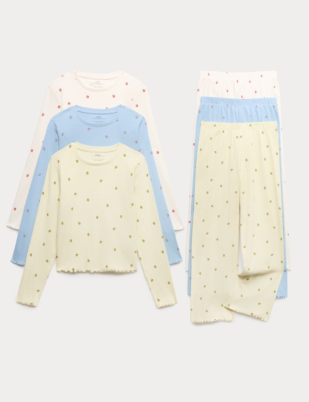 M&S 3 Pack Cotton Rich Fruit Print Pyjama Sets (6-16 Yrs) - 12-13 Years - Multi, Multi