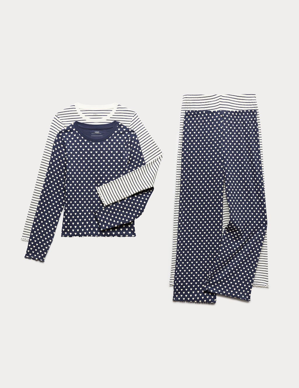 M&S 2 Pack Cotton Rich Printed Ribbed Pyjamas (6-16 Yrs) - 10-11 Years - Navy Mix, Navy Mix