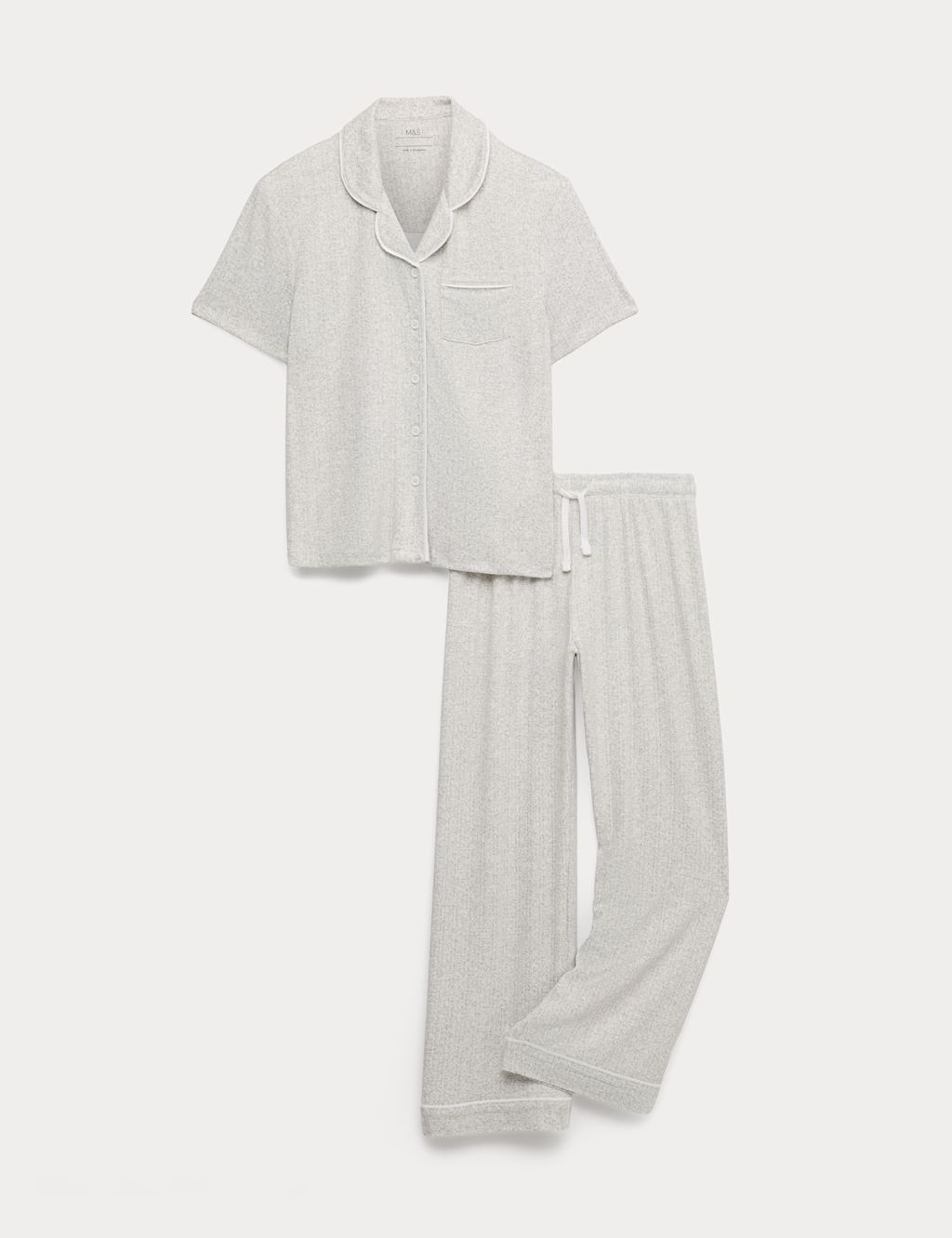 M&S Brushed Pointelle Revere Pyjamas (1-16 Yrs) - 14-15 Years - Grey Marl, Grey Marl