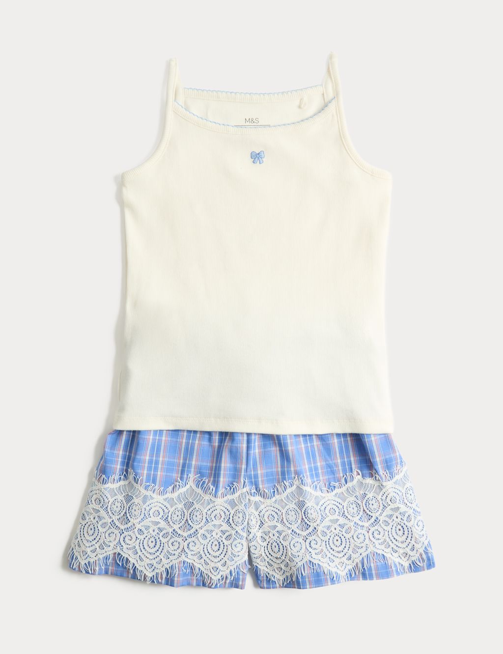M&S Cotton Rich Ribbed Lace Short Pyjamas (6-16 Yrs) - 10-11 Years - Blue, Blue