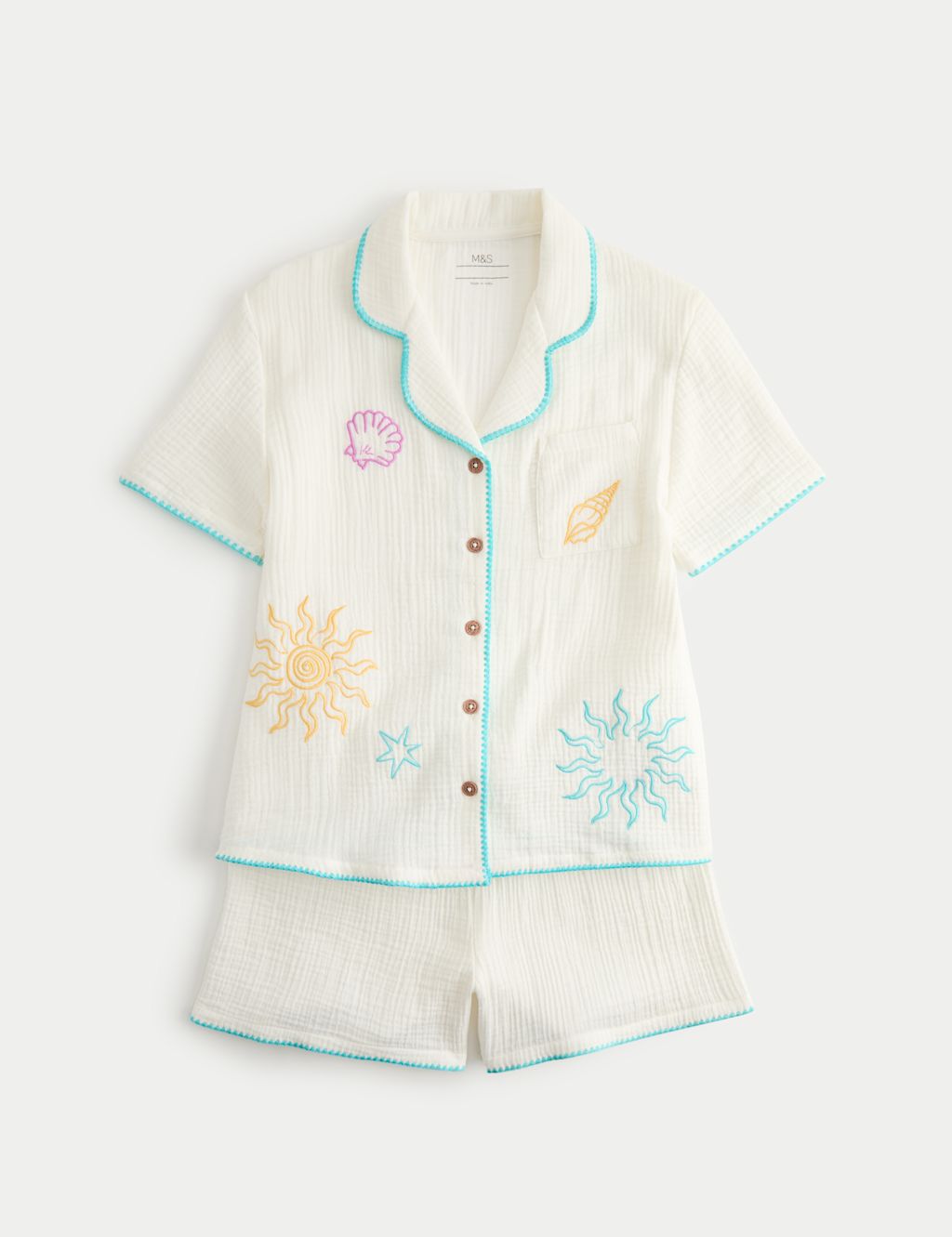M&S 2 Piece Pure Cotton Sea Short Pyjamas (6-16 Yrs) - 10-11 Years - Ecru Mix, Ecru Mix