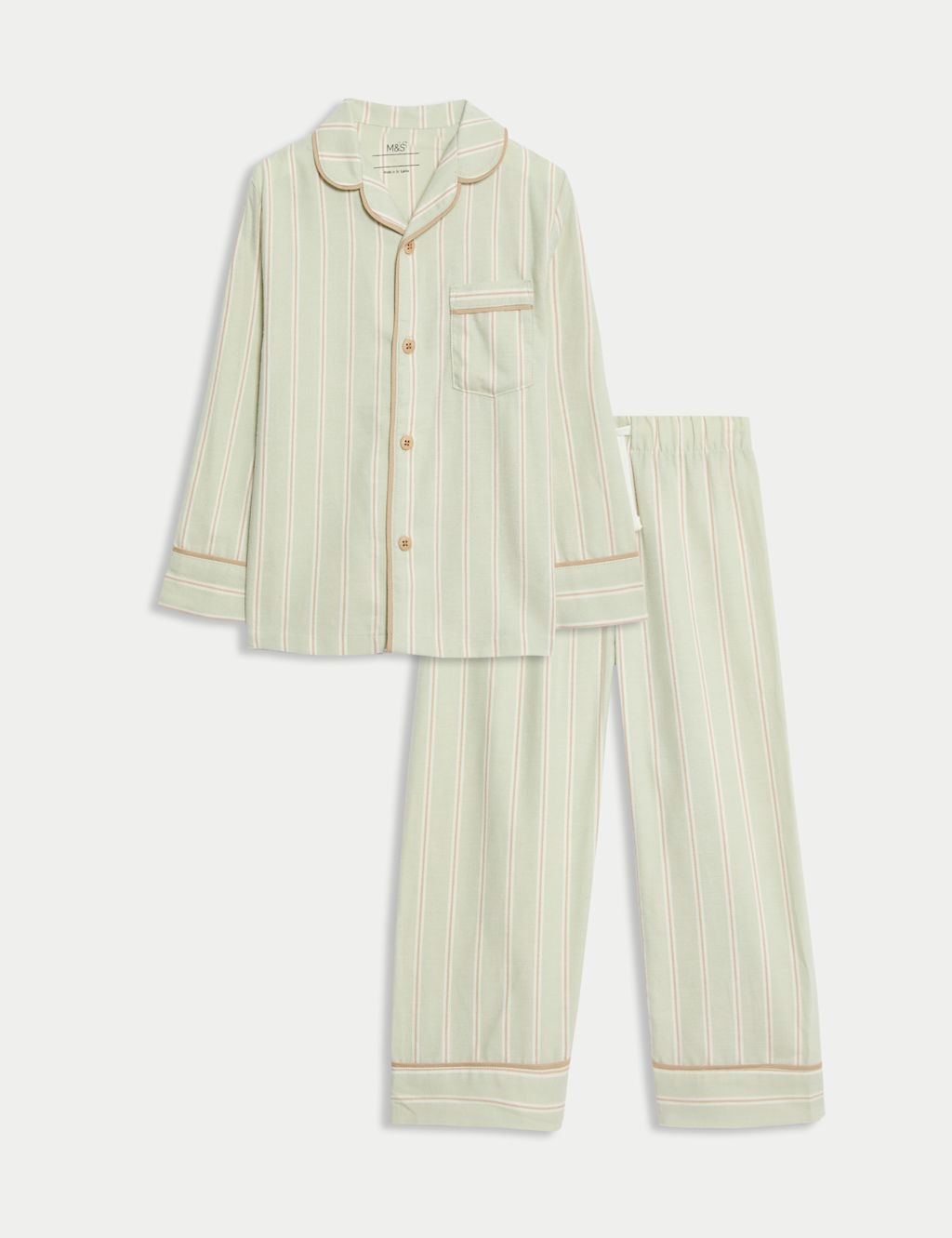M&S Pure Cotton Striped Revere Pyjamas (9 Mths - 10Yrs) - 3-4 Y - Green Mix, Green Mix