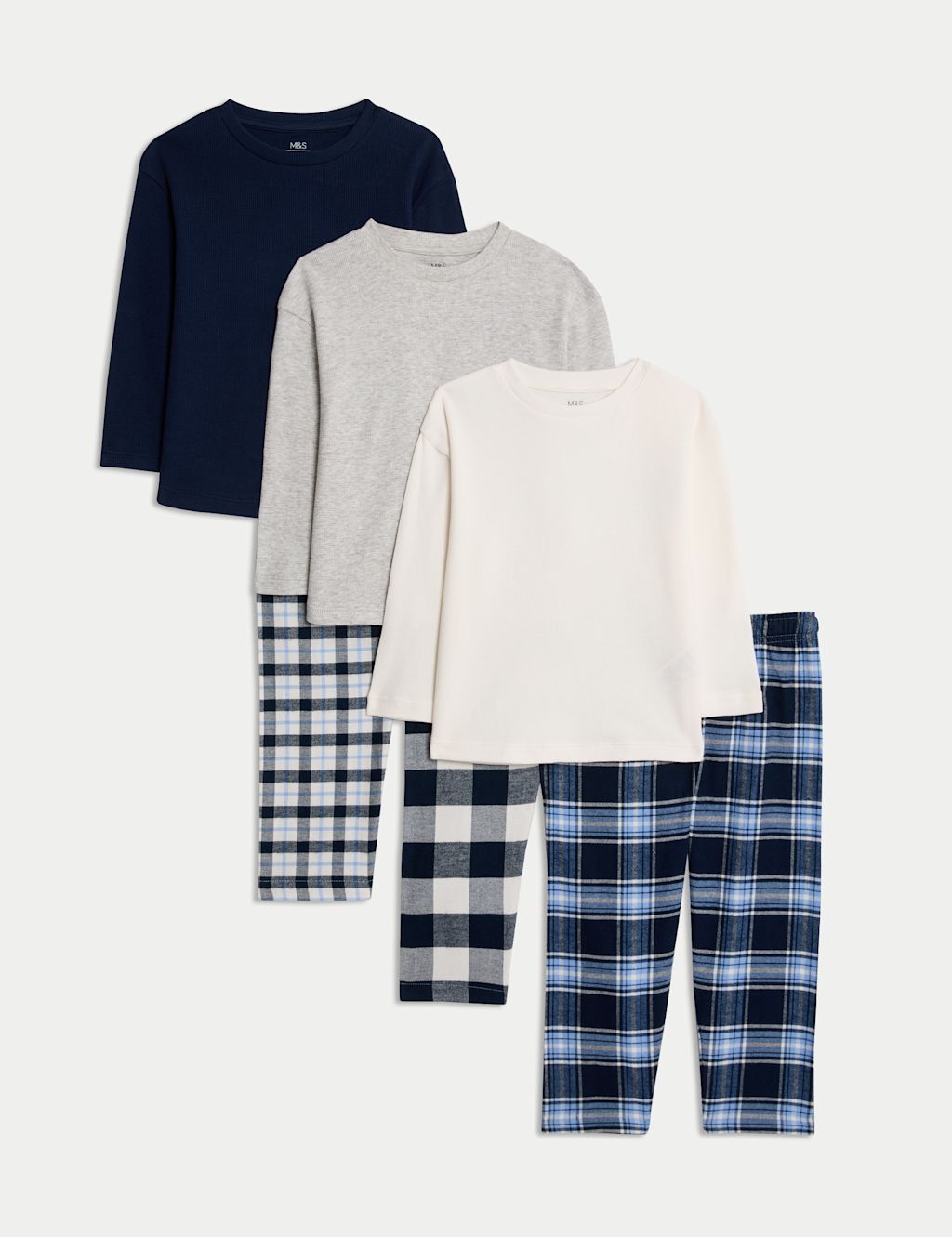 M&S 3pk Pure Cotton Check Pyjama Sets (1-16 Yrs) - 1-1+Y - Multi, Multi