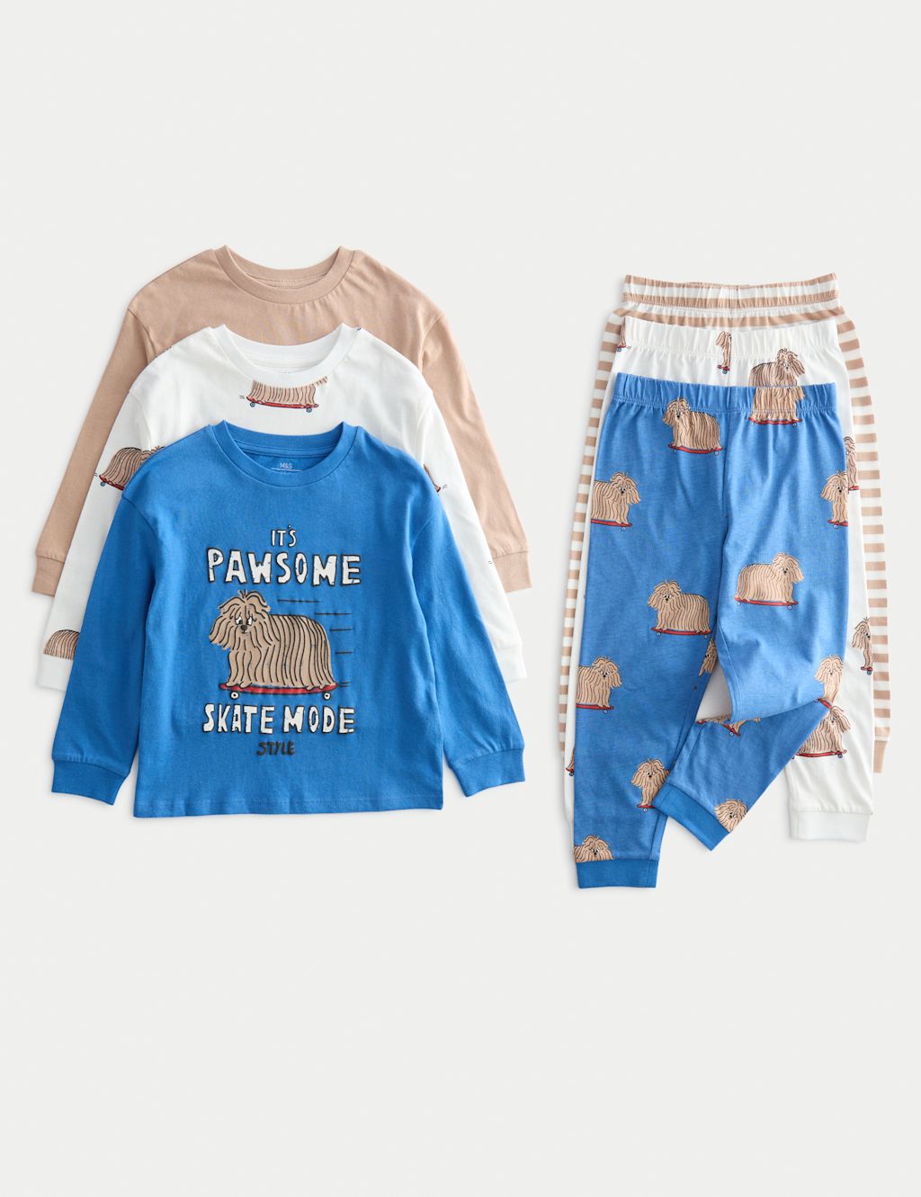 M&S 3pk Pure Cotton Dog Graphic Pyjamas (1-8 Yrs) - 1-2Y - Blue Mix, Blue Mix