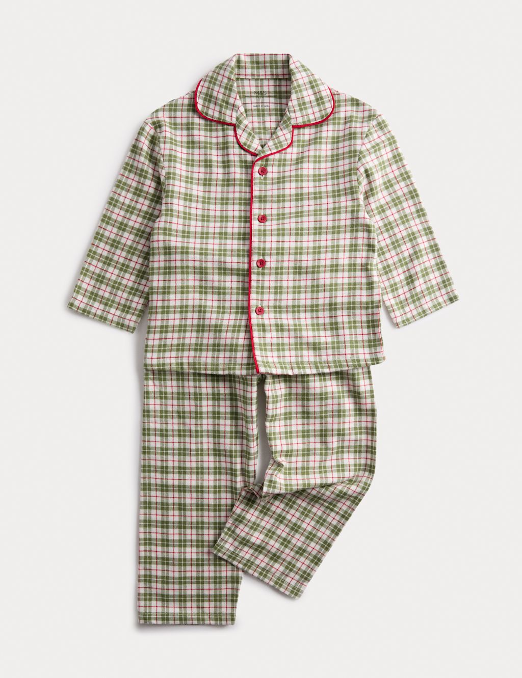 M&S Pure Cotton Christmas Checked Revere Pyjamas (1-10 Yrs) - 3-4 Y - Green Mix, Green Mix