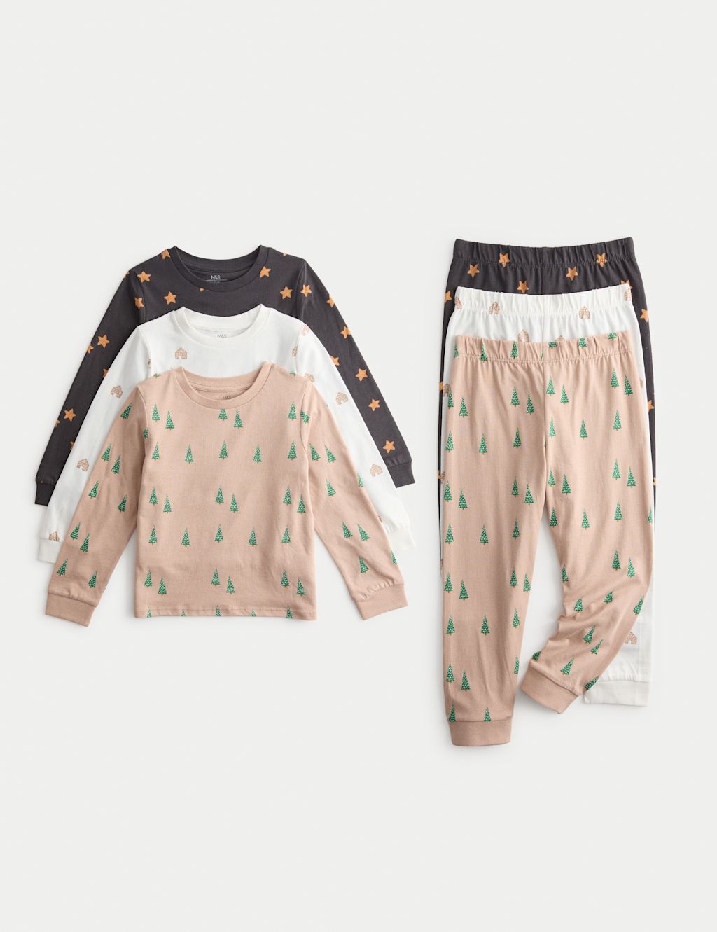 M&S 3pk Pure Cotton Printed Pyjama Sets (1-8 Yrs) - 1-2Y - Ivory Mix, Ivory Mix