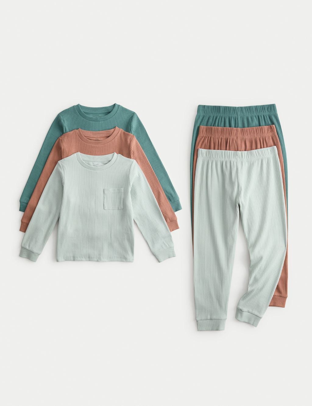 M&S 3pk Cotton with Stretch Ribbed Pyjama Sets - 1-1+Y - Blue Mix, Blue Mix