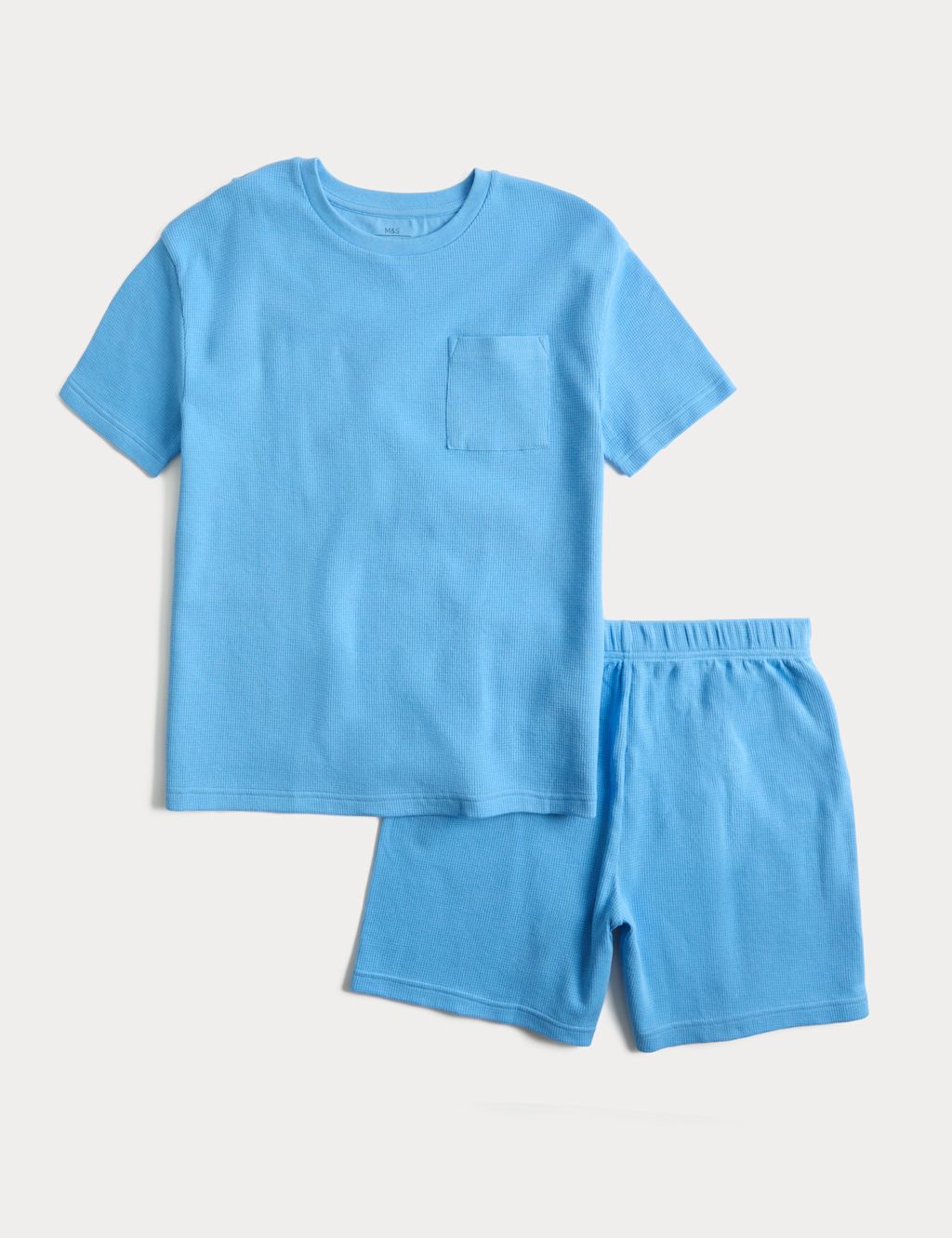 M&S Pure Cotton Navy Waffle Short Pyjamas (1-16 Yrs) - 7-8 Years - Blue, Blue