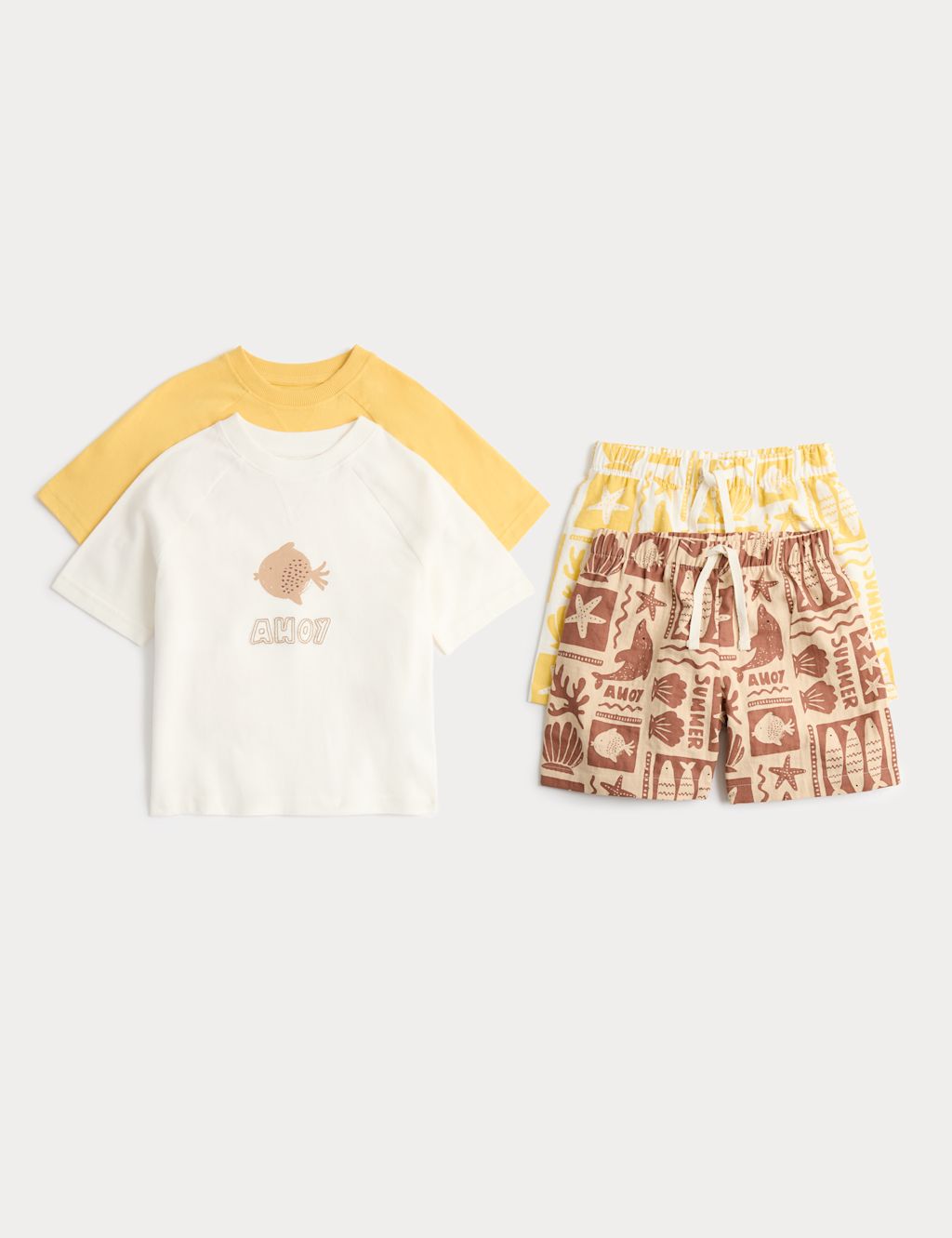 M&S 2 Pack Pure Cotton Fish Pyjamas (1-8 Yrs) - 12-18 Months - Yellow Mix, Yellow Mix