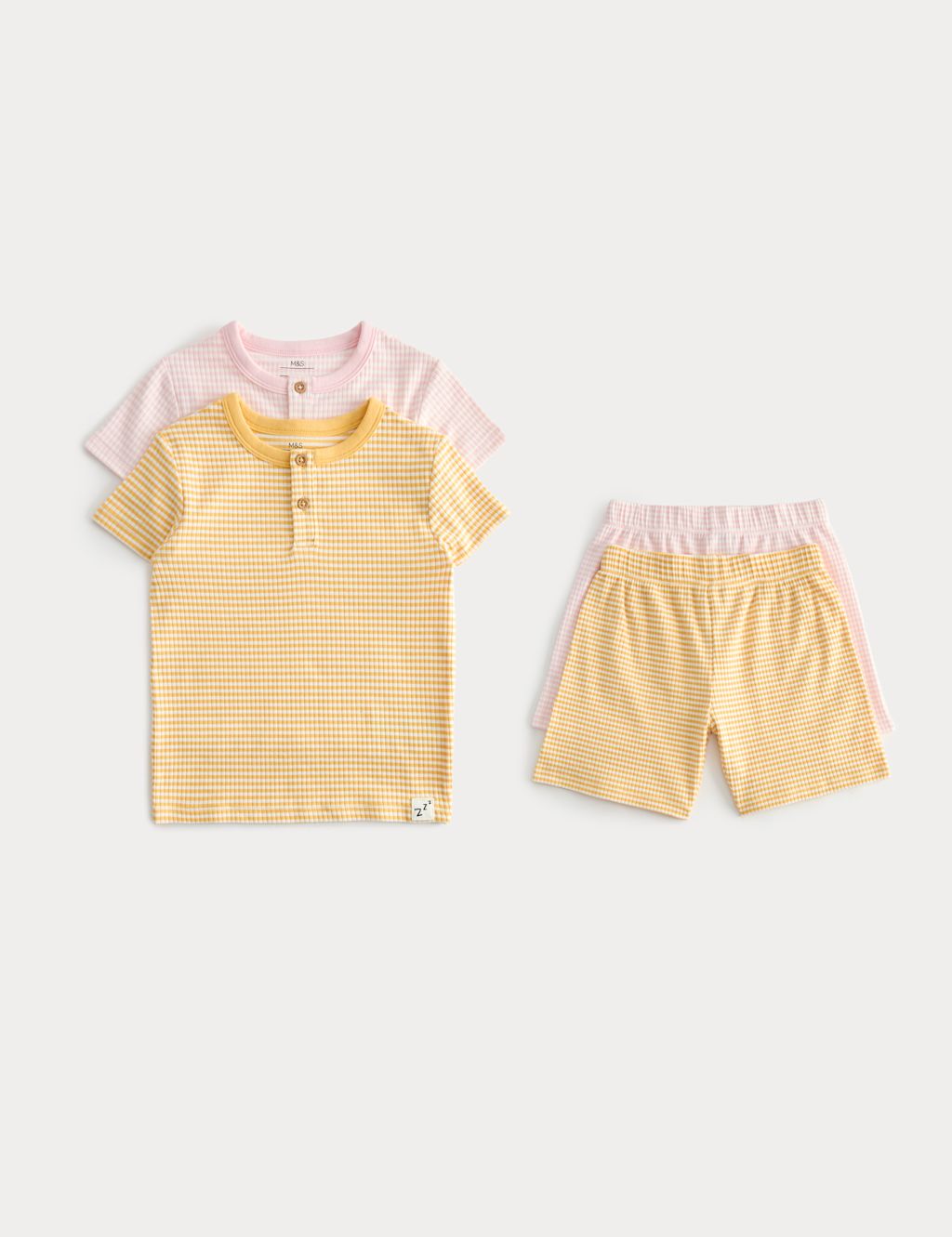 M&S 2 Pack Henley Ribbed Short Pyjamas (9 Mths-8 Yrs) - 12-18 Months - Yellow Mix, Yellow Mix