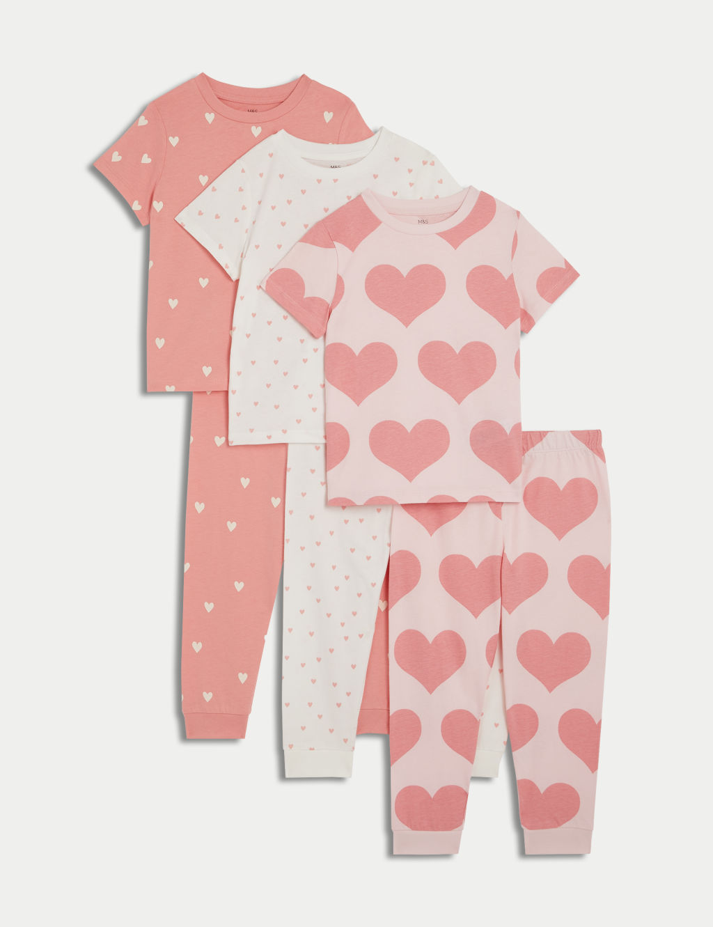 M&S 3pk Pure Cotton Heart Pyjama Sets (1-16 Yrs) - 1-2Y - Pink, Pink