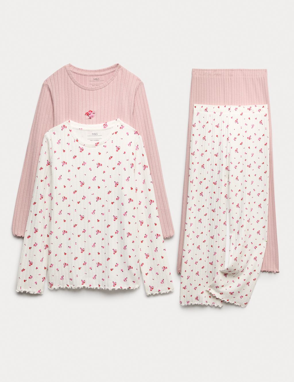 M&S Kids 2 Pack Floral Ribbed Pyjama Sets (1-16 Yrs) - 1-1+Y - Multi, Multi