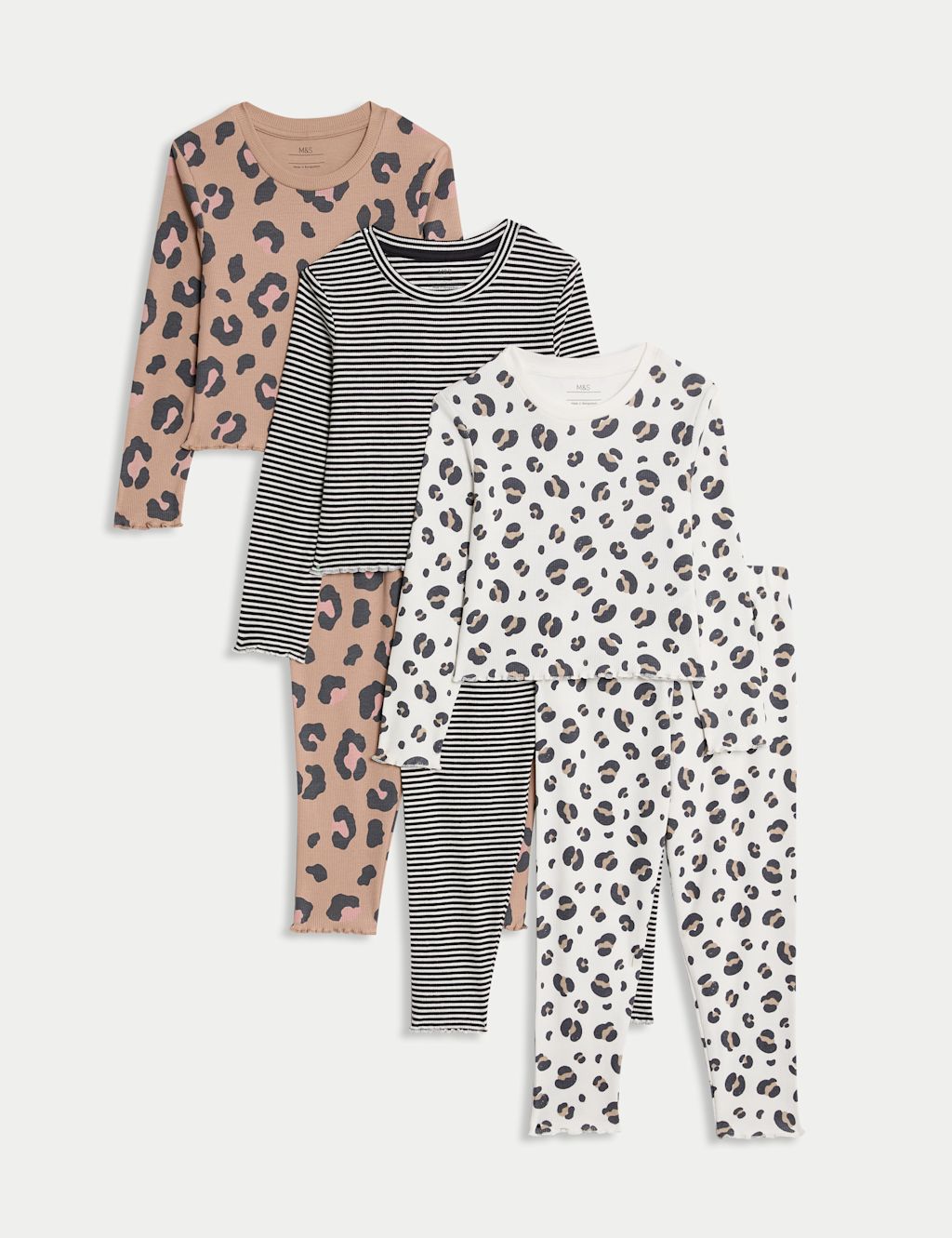 M&S 3pk Cotton Rich Animal Print Pyjama Sets (12 Mths-8 Yrs) - 1-1+Y - Brown Mix, Brown Mix