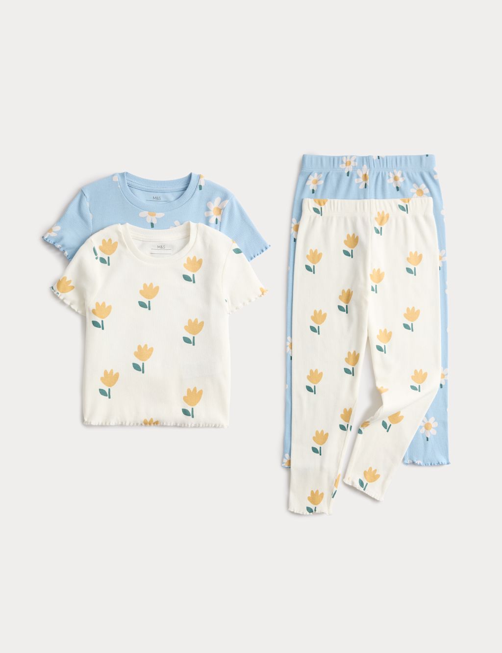 M&S 2 Pack Cotton Rich Floral Pyjama Sets (1-8 Yrs) - 3-4 Years - Blue Mix, Blue Mix