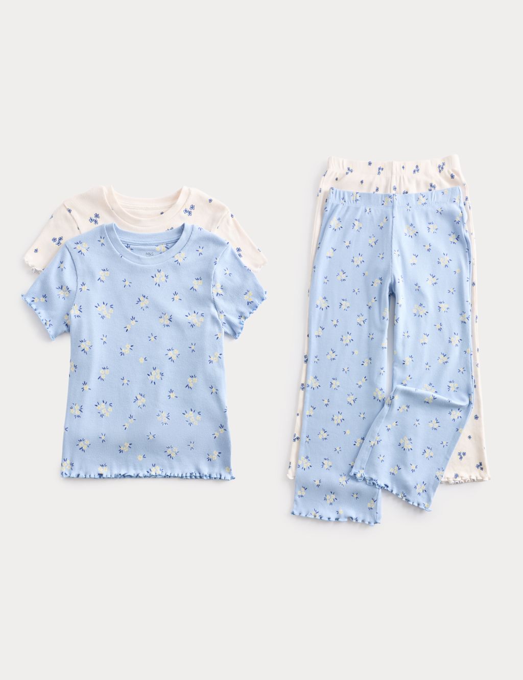 M&S 2 Pack Floral Ribbed Pyjamas (1-16 Yrs) - 9-10 Years - Blue Mix, Blue Mix