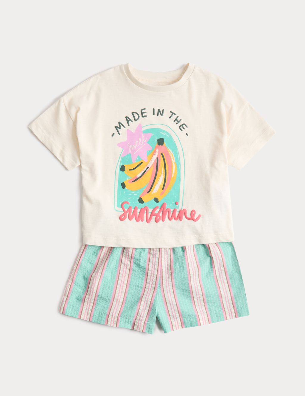 M&S Pure Cotton Banana Pyjamas (1-8 Yrs) - 12-18 Months - Blue Mix, Blue Mix