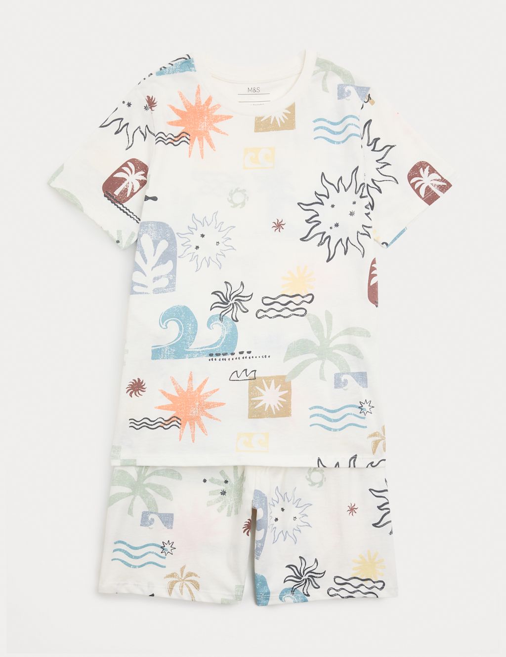 M&S Pure Cotton Printed Short Pyjamas (1-10 Yrs) - 12-18 Months - Ecru Mix, Ecru Mix