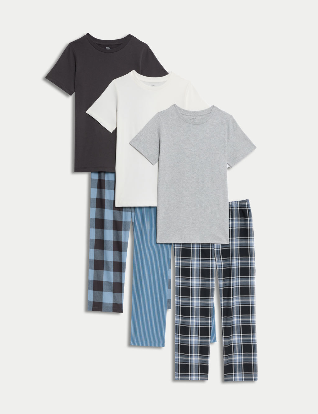 M&S 3pk Pure Cotton Printed Pyjama Sets (3-16 Yrs) - 7-8 Y - Blue Mix, Blue Mix