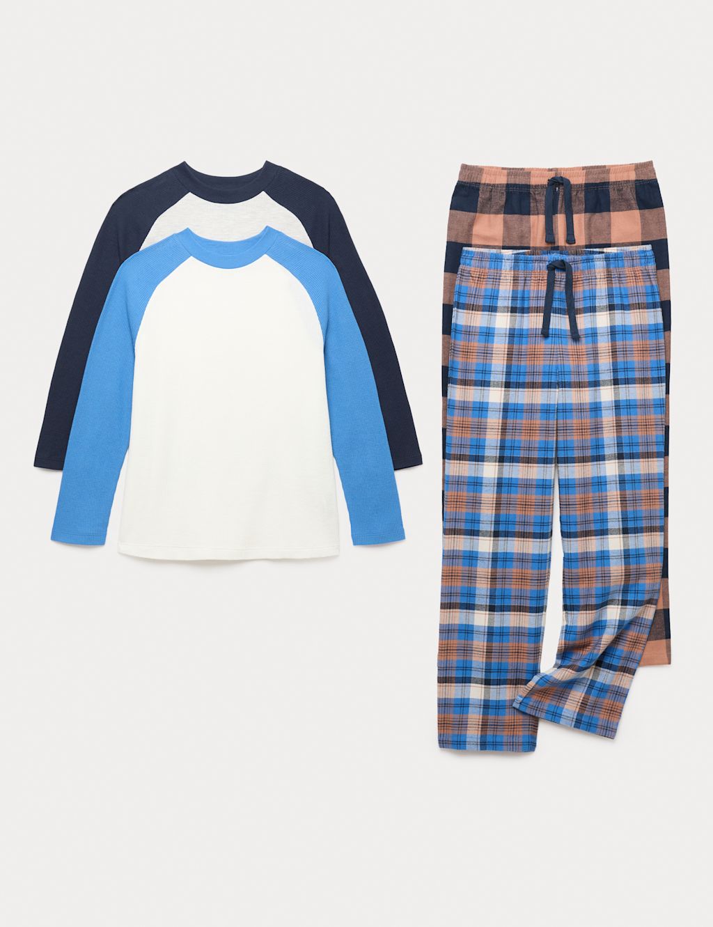 M&S 2 Pack Cotton Blend Raglan Checked Pyjama Sets (6-16 Yrs) - 10-11 - Brown Mix, Brown Mix