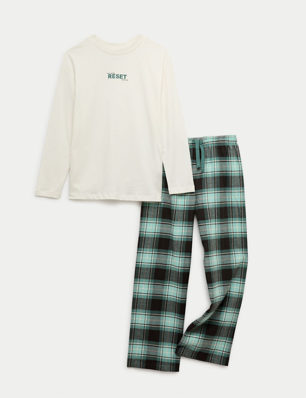 M&S Pure Cotton Reset Slogan Checked Pyjamas (6-16 Yrs) - 11-12 - Ivory Mix, Ivory Mix