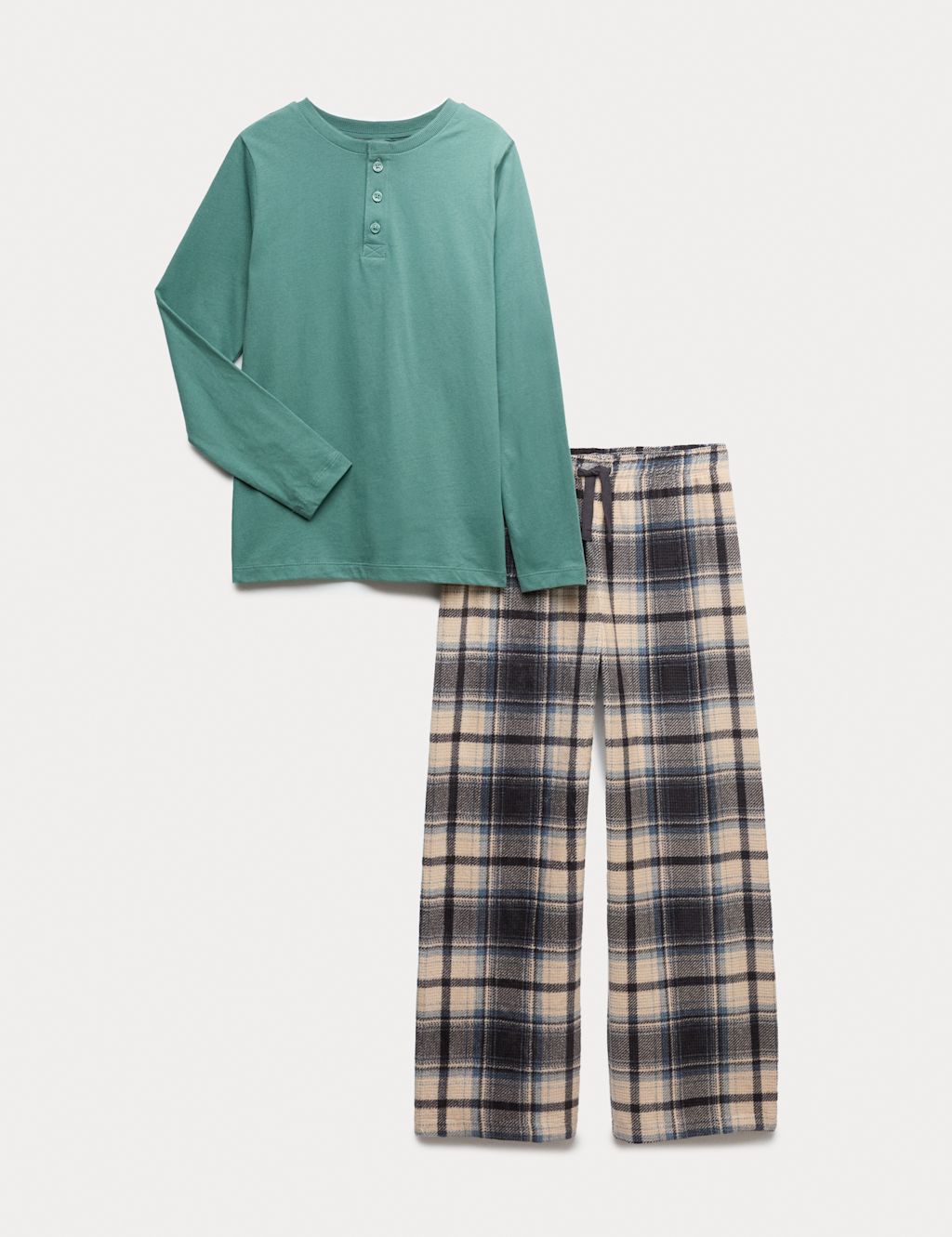 M&S Cotton Rich Fleece Checked Pyjamas (3-14 Yrs) - 3-4 Y - Green Mix, Green Mix