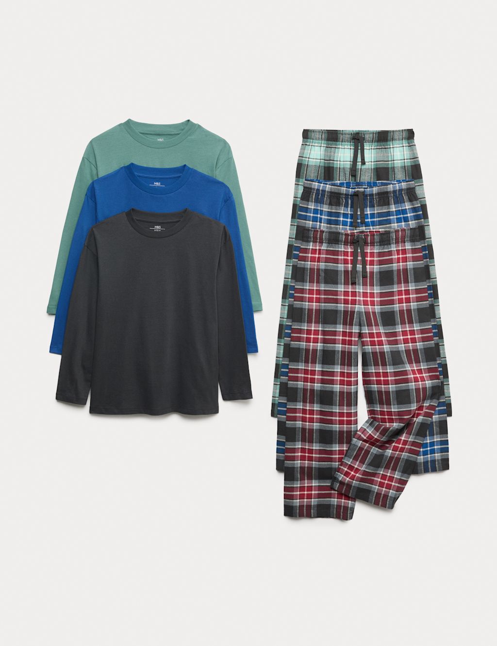 M&S 3pk Pure Cotton Checked Pyjama Sets (6-16 Yrs) - 12-13 - Black Mix, Black Mix
