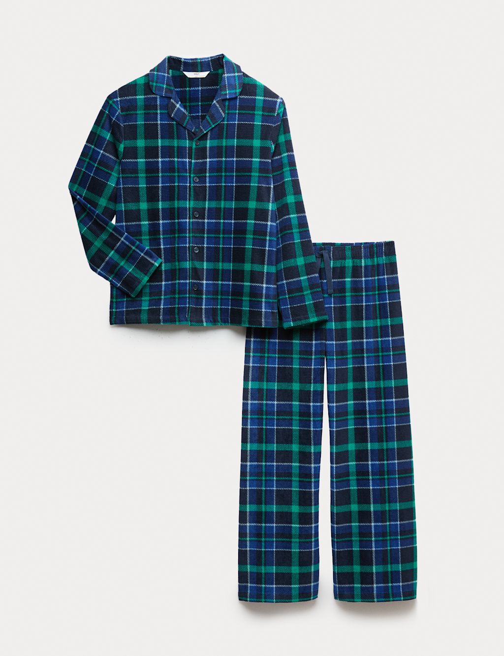 M&S Fleece Checked Revere Pyjamas (6-16 Yrs) - 8-9 Y - Green Mix, Green Mix