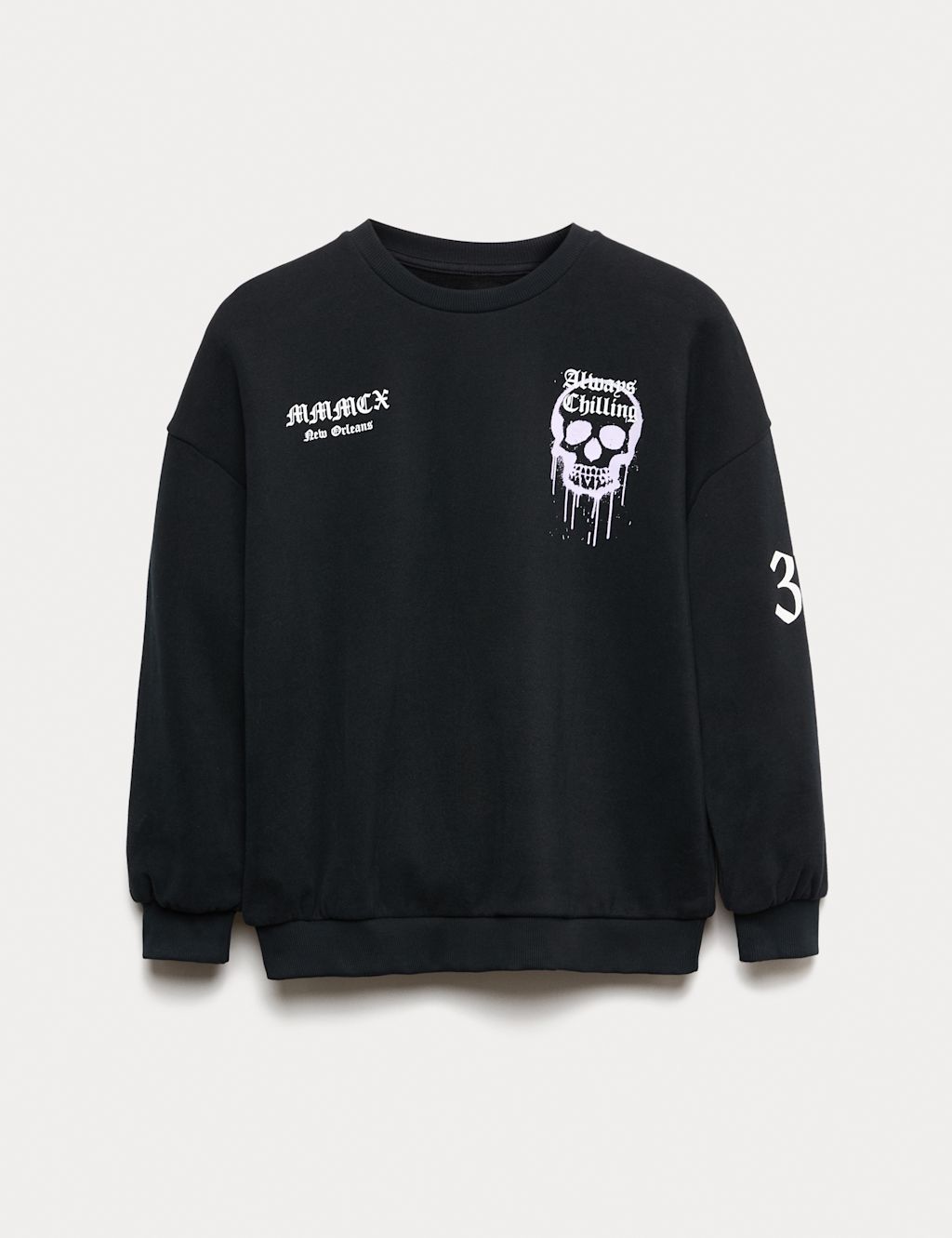 M&S Cotton Rich Halloween Skull Sweatshirt (6-16 Yrs) - 10-11 - Black Mix, Black Mix