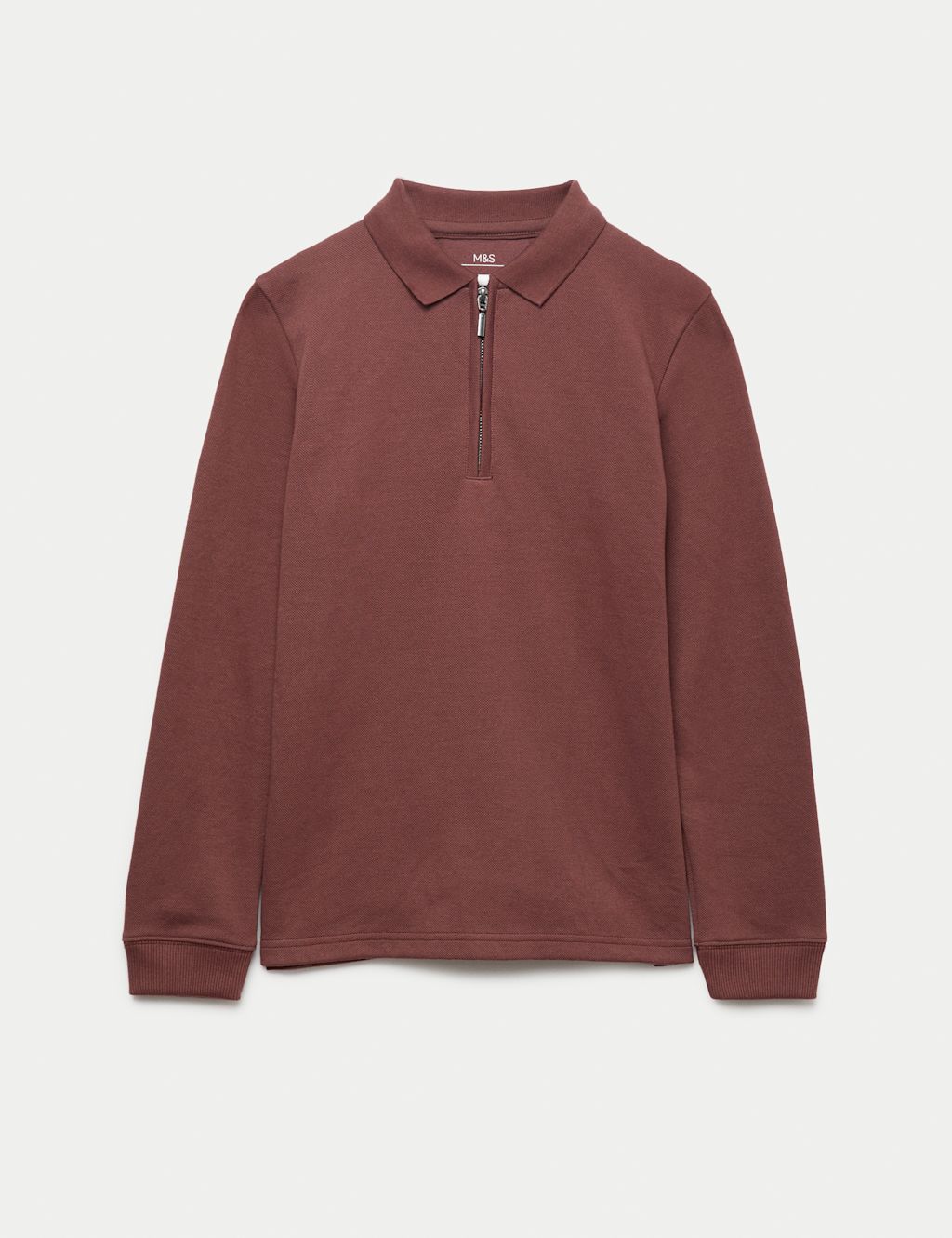 M&S Cotton Blend Pique Half Zip Polo Shirt (6-16 Yrs) - 15-16 - Rosewood, Rosewood