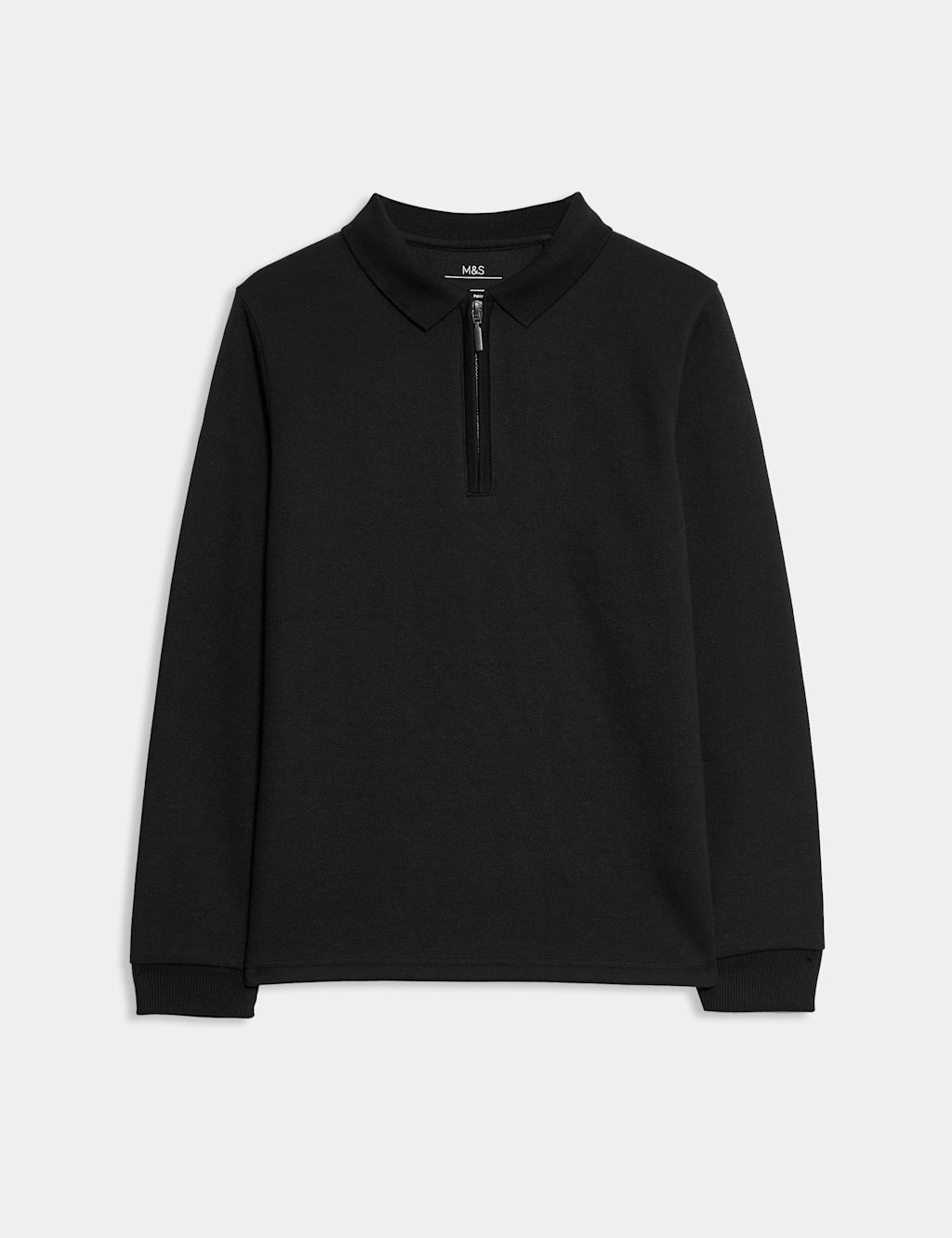M&S Cotton Blend Pique Half Zip Polo Shirt (6-16 Yrs) - 6-7 Y - Black, Black