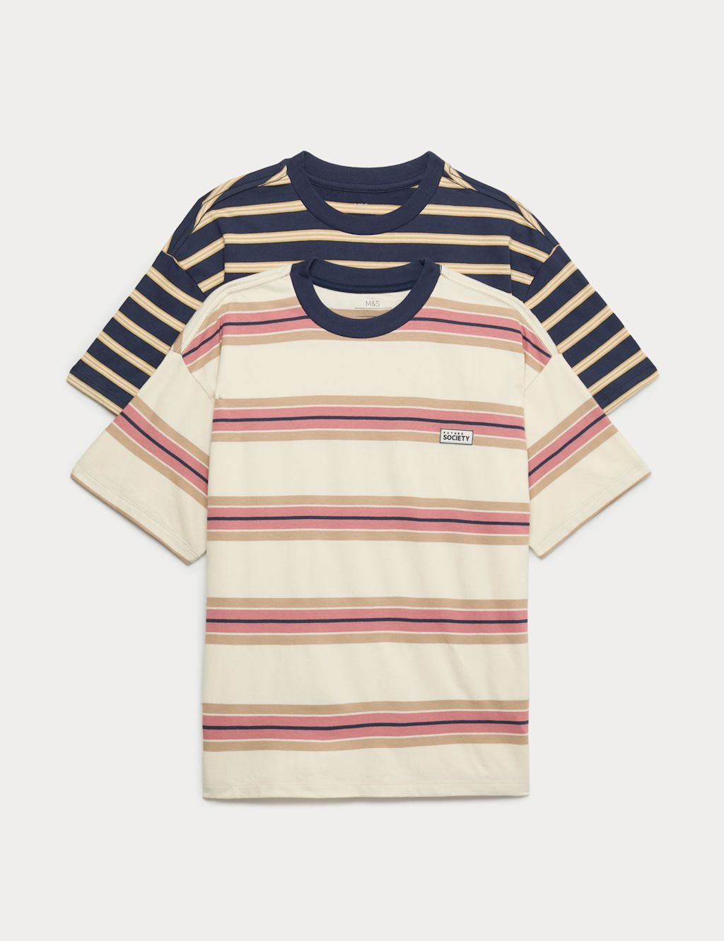 M&S 2 Pack Pure Cotton Striped T-Shirts (6-16 Yrs) - 11-12 Years - Navy Mix, Navy Mix