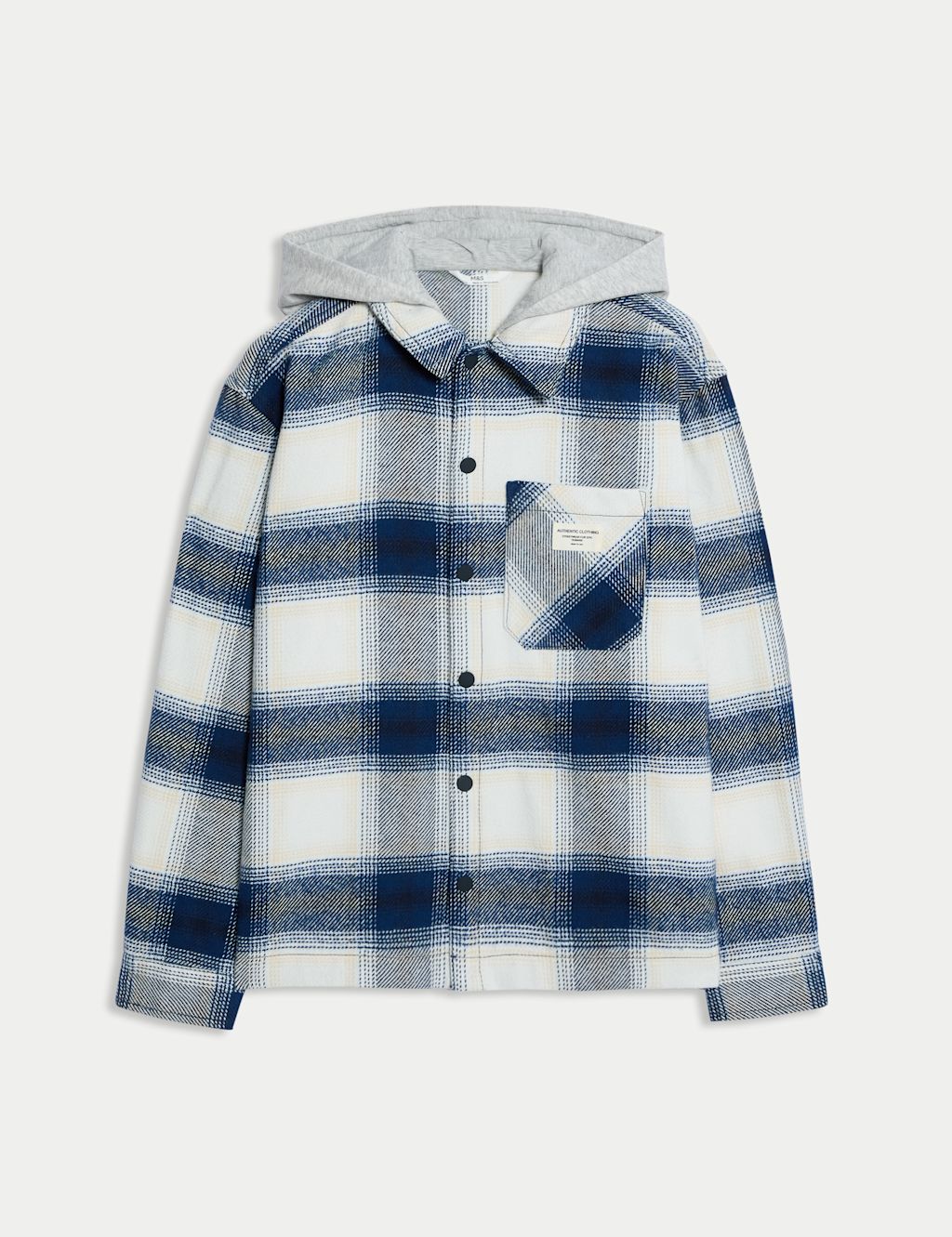 M&S Cotton Rich Checked Hooded Shirt (6-16 Yrs) - 13-14 - Blue Mix, Blue Mix