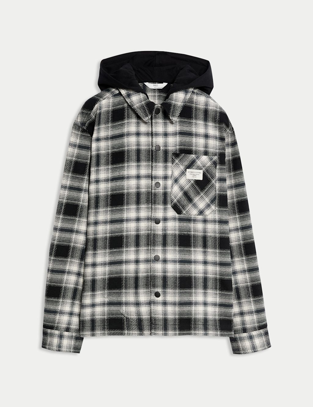 M&S Cotton Rich Checked Hooded Shirt (6-16 Yrs) - 11-12 - Black Mix, Black Mix
