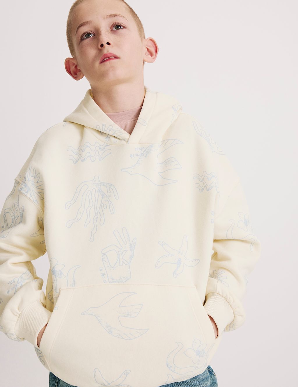 M&S Cotton Rich Patterned Hoodie (6-16 Yrs) - 10-11 Years - White Mix, White Mix
