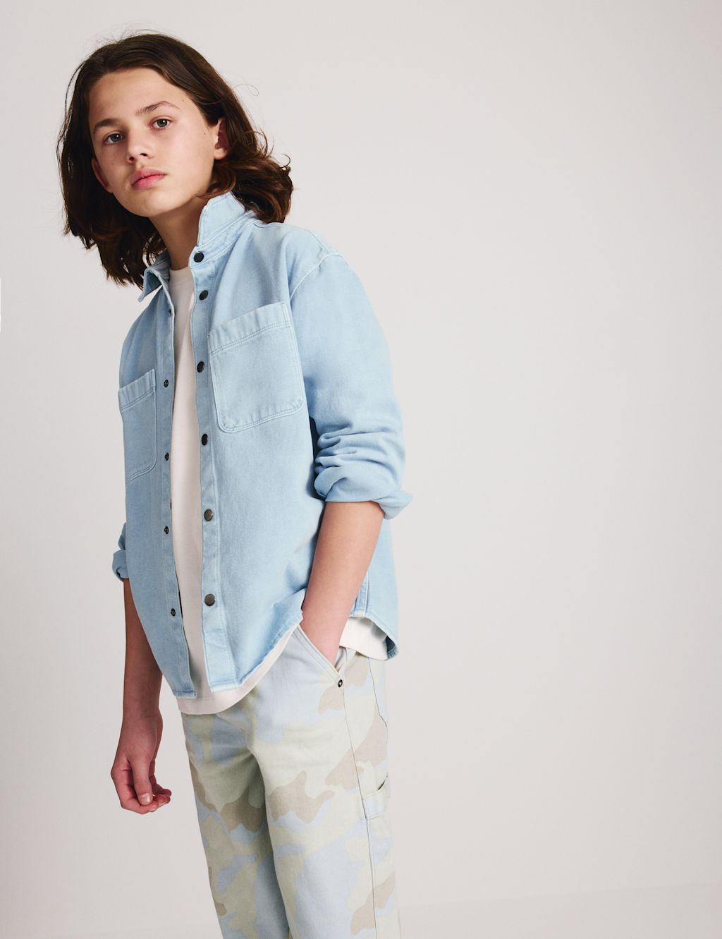 M&S Pure Cotton Denim Shirt (6-16 Yrs) - 10-11 Years - Powder Blue, Powder Blue