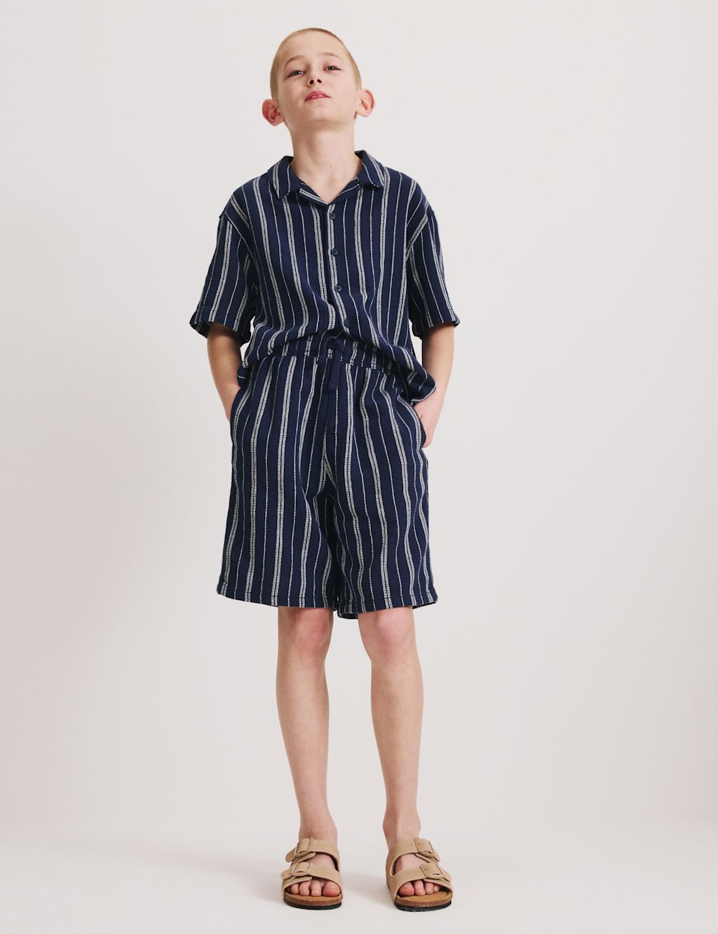 M&S Pure Cotton Textured Striped Shorts (6-16 Yrs) - 13-14 Years - Navy, Navy
