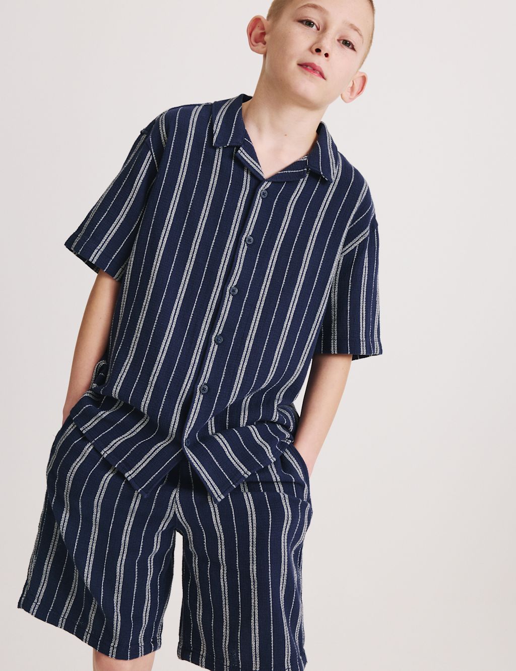 M&S Pure Cotton Textured Stripe Shirt (6-16 Yrs) - 10-11 Years - Navy, Navy