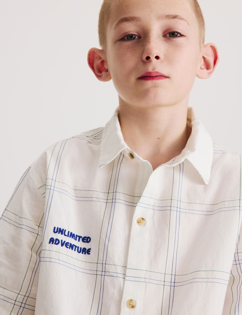 M&S Pure Cotton Textured Check Shirt (6-16 Yrs) - 10-11 Years - Ivory, Ivory