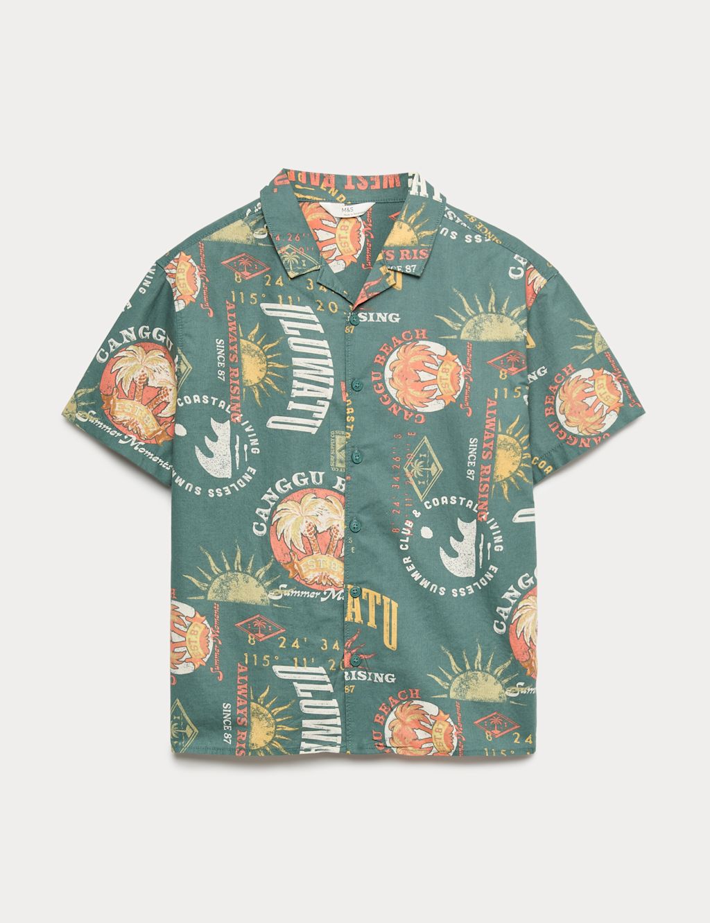 M&S Pure Cotton Bali Print Shirt (6-16 Yrs) - 10-11 Years - Green Mix, Green Mix