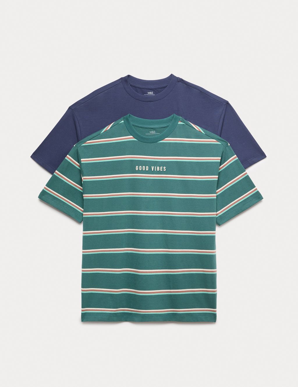 M&S 2 Pack Pure Cotton Good Vibes T-Shirts (6-16 Yrs) - 10-11 Years - Green Mix, Green Mix