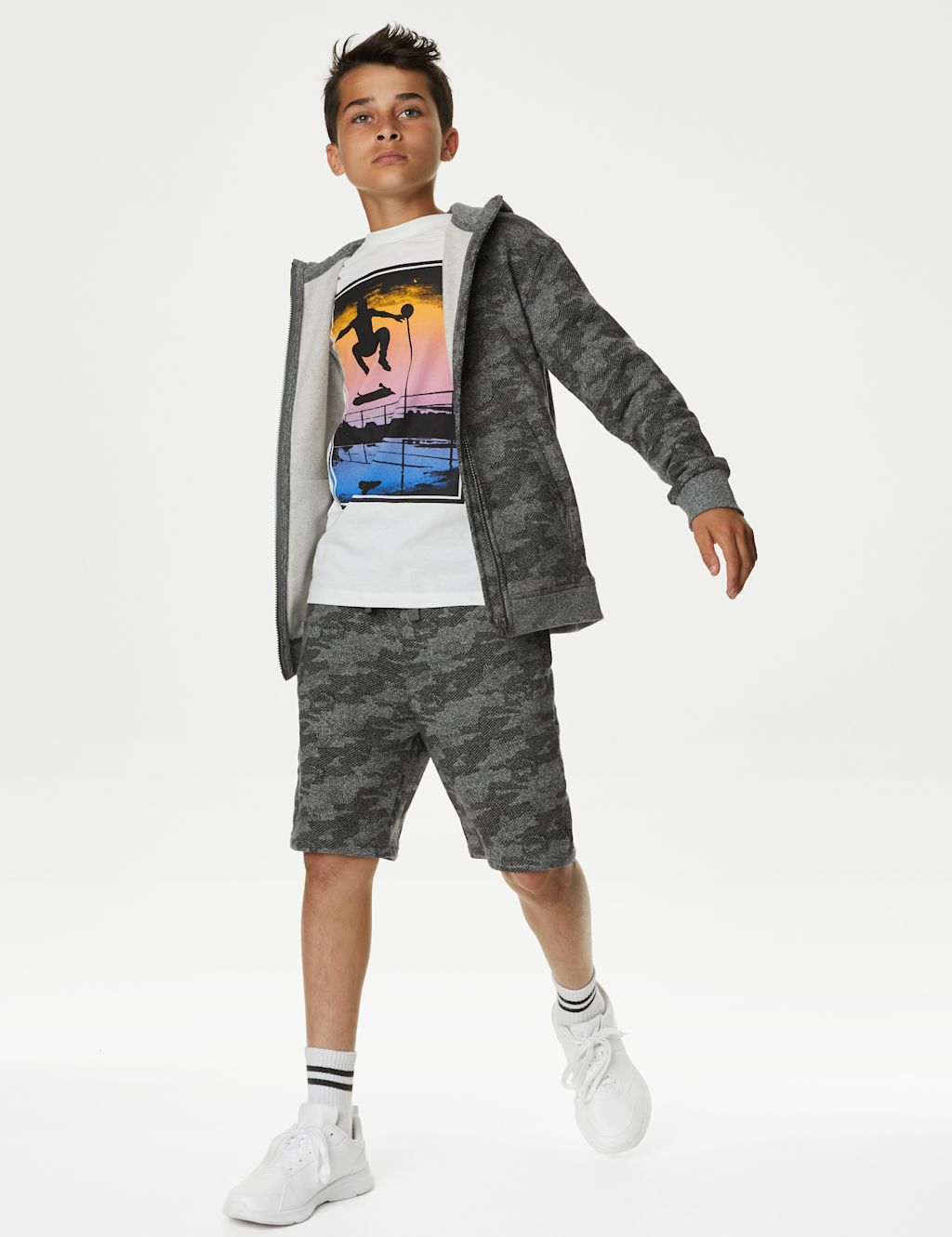 M&S Cotton Rich Camouflage Shorts (6-16 Yrs) - 10-11 - Charcoal Mix, Charcoal Mix