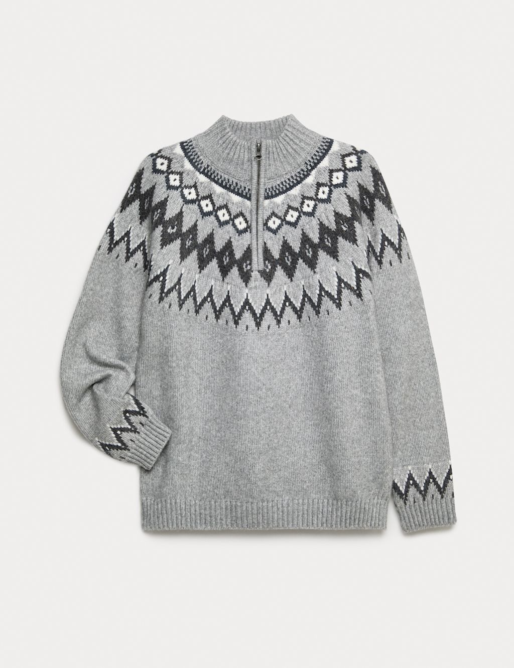 M&S Fair Isle Half Zip Jumper (2-16 Yrs) - 9-10Y - Grey Mix, Grey Mix