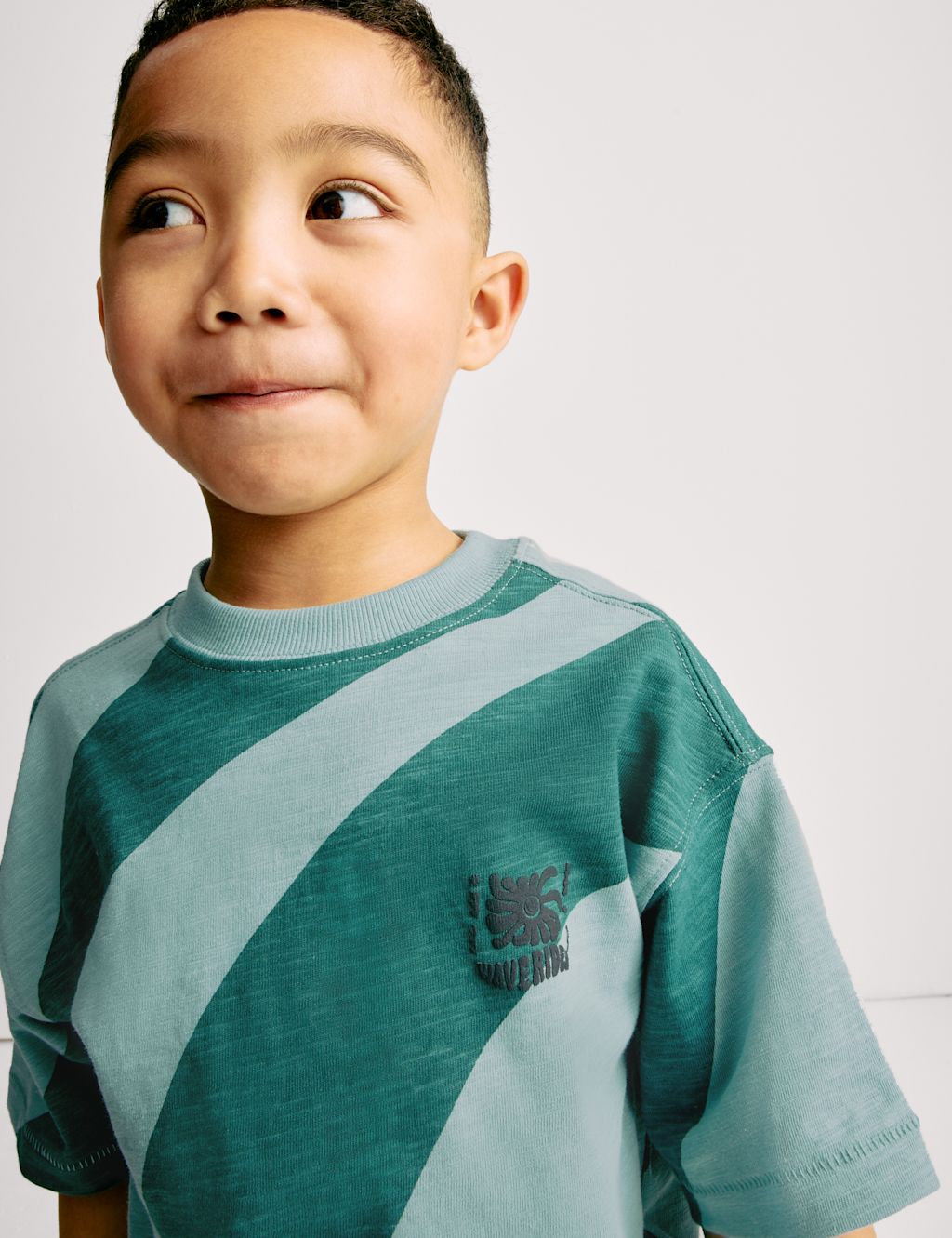 M&S Pure Cotton Diagonal Wave Striped T-Shirt (2-8 Yrs) - 2-3 Y - Green, Green